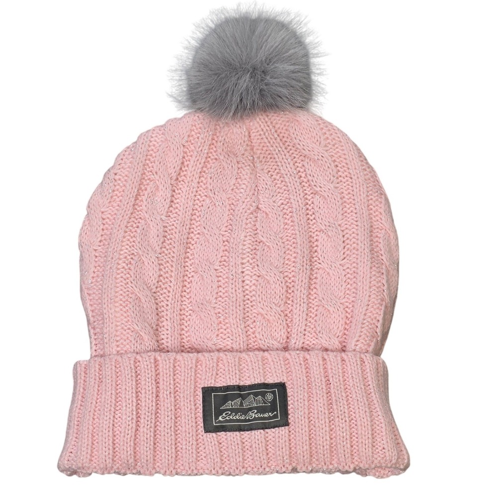 Eddie Bauer Cable Knit Beanie Girl's Pink Faux Fur Pom Pom Fleece Lined Shimmer